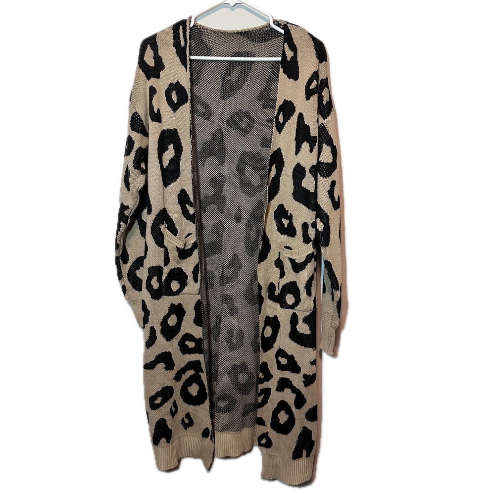 Vestidos Leopard Print Cardigan Sweater Longline Duster Open Front Tan Black L